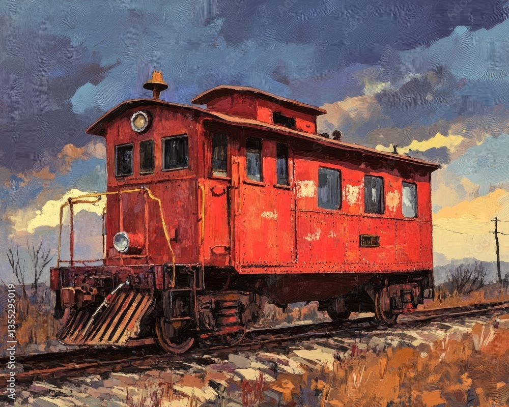 Fototapeta premium Caboose Wonders: An Iconic Railway Car Styled for Mail and Passenger Journeys on Tracks