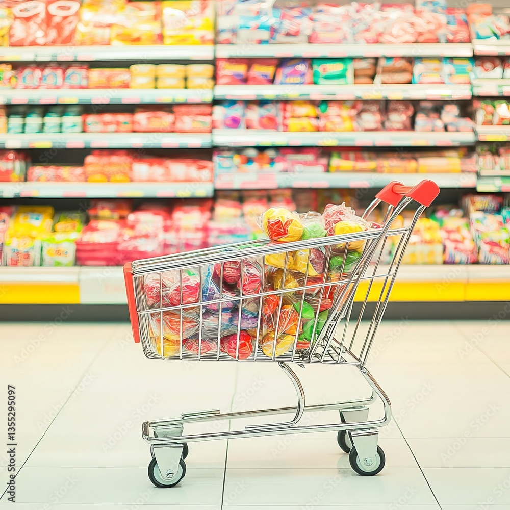 an empty shopping cart positioned in front of a colorful candy aisle, bright and playful supermarket vibe, cheerful and lively composition an empty shopping cart positioned in front of a colorful candy aisle, bright and playful supermarket vibe, cheerful and lively composition