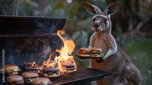 An adventurous kangaroo grilling burgers, lively fire on an outdoor kitchen grill