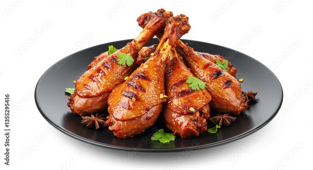 Glazed chicken drumsticks with spices and herbs served on a black plate against white backdrop Glazed chicken drumsticks with spices and herbs served on a black plate against white backdrop