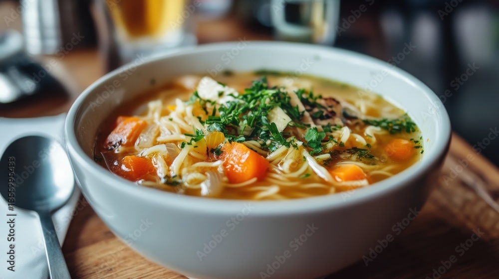 A delicious looking bowl of chicken noodle soup ready to eat A delicious looking bowl of chicken noodle soup ready to eat
