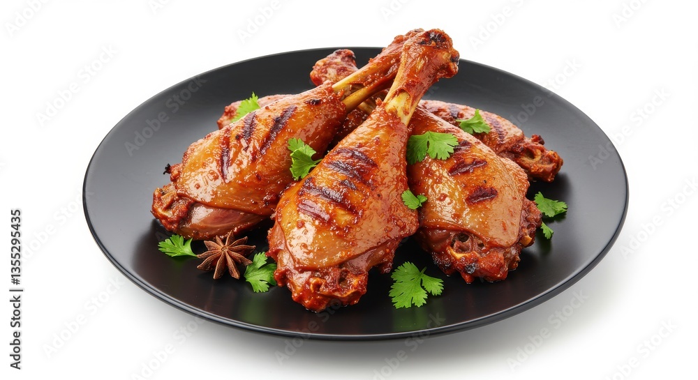 Close up of glazed chicken legs on a black plate garnished with cilantro and star anise on white background Close up of glazed chicken legs on a black plate garnished with cilantro and star anise on white background