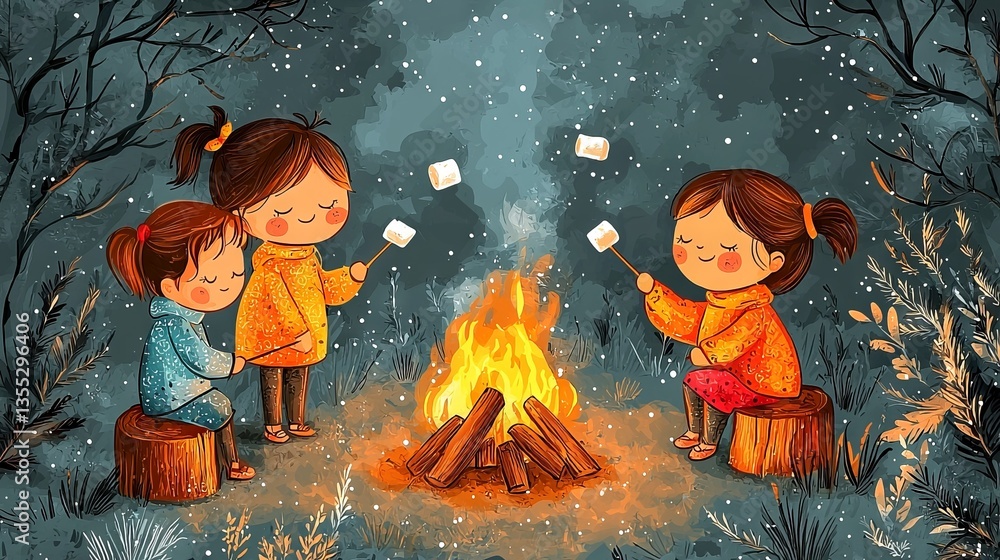 Fototapeta premium Cozy Campfire Scene with Children Enjoying Marshmallows in Nature