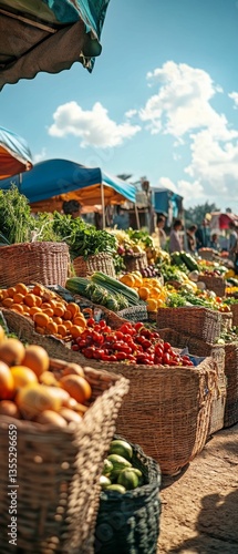 Baskets brimming fresh produce at outdoor market.
