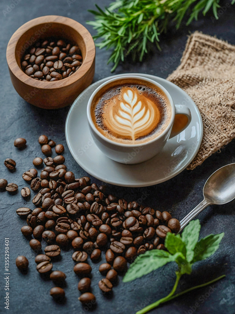 Cozy coffee setup with beans, a cup, and fresh herbs
