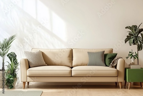 Bright and modern sunny livingroom with minimalist home decor interior design elements, soft couch with neutral color wall background and house plants