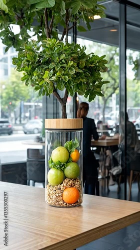 Wallpaper Mural A modern caf? interior featuring a decorative tree and fresh fruits in a glass container Torontodigital.ca
