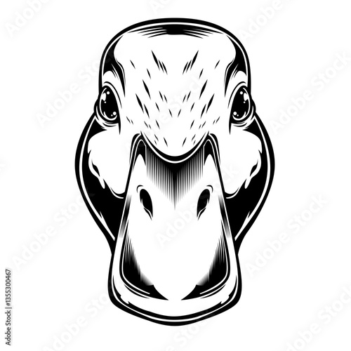 Frontale Schwarzweiß-Darstellung eines Entenkopfs mit Schnabel. Ausdrucksstark und humorvoll. Ideal für Tiermotive, Maskottchen, Ausmalbilder oder Logos.