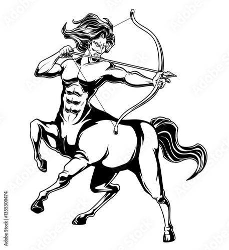 Schwarz-weiße Vektorgrafik eines Zentauren mit Bogen im Kampfpose. Ideal für Fantasydesigns, Mythologie, Ausmalbilder und epische Illustrationen.