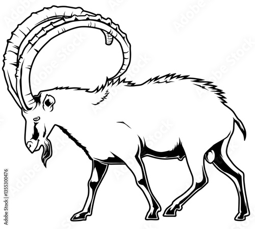 Schwarz-weiße Vektorgrafik eines Steinbocks mit gebogenen Hörnern. Ideal für Naturillustrationen, Wildtierdesigns, Ausmalbilder und edukative Projekte.