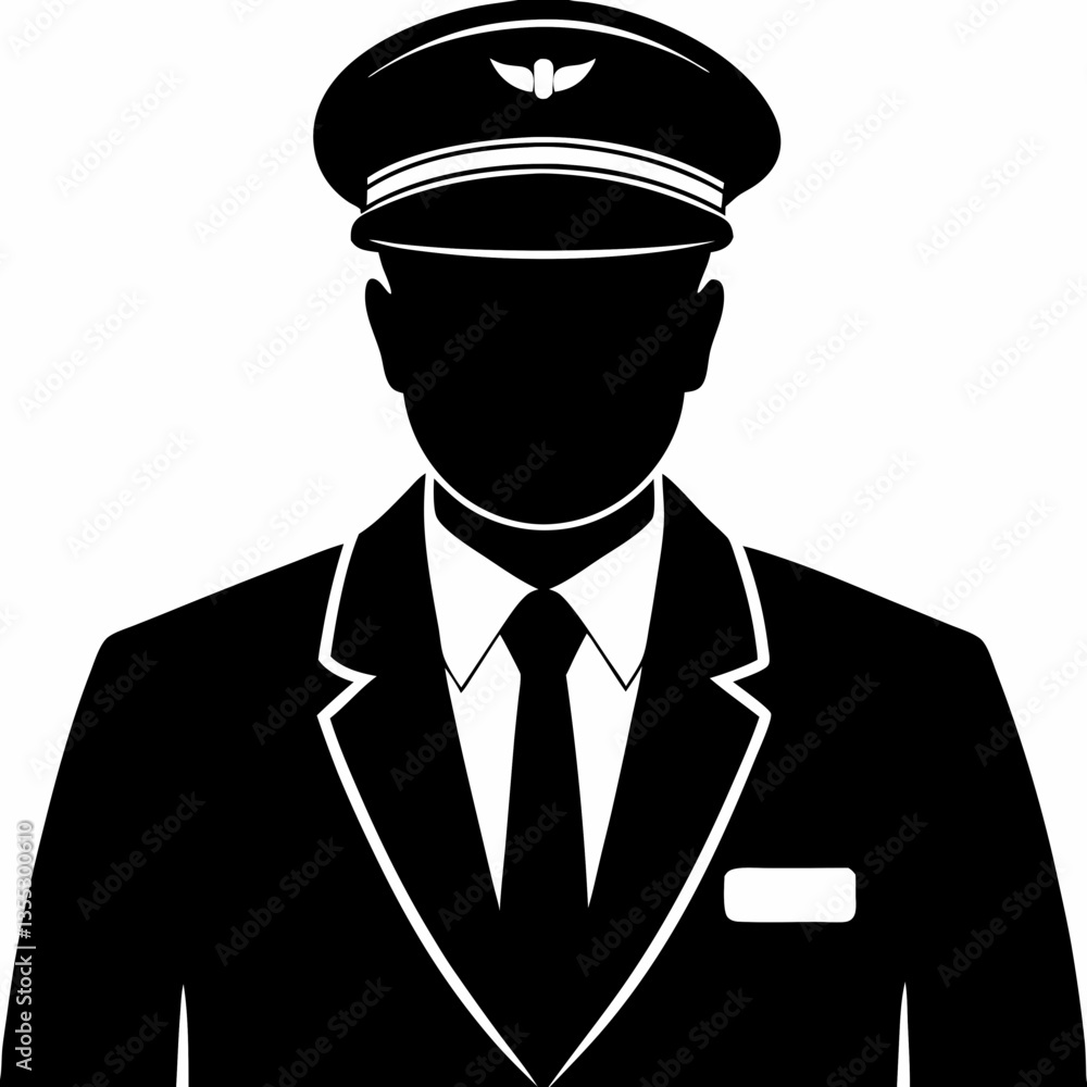 Monochrome silhouette of pilot wearing peaked cap with wings and collared jacket with visible name tag. Professional aviation figure projects authority with distinct uniform elements. Concept: airline