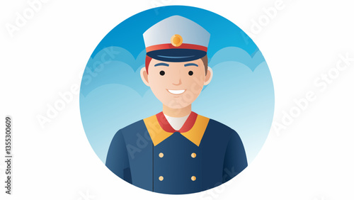 Smiling man in dark blue uniform looks at camera. Wearing white peaked cap with gold accents against light blue circular background. Concept: security services, transportation, hospitality industry.