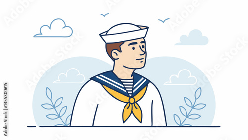 Young sailor in uniform looks thoughtfully to right. Wearing white shirt, blue collar, yellow neckerchief, and sailor's cap near seaside. Concept: maritime service, navy personnel, seafaring career.