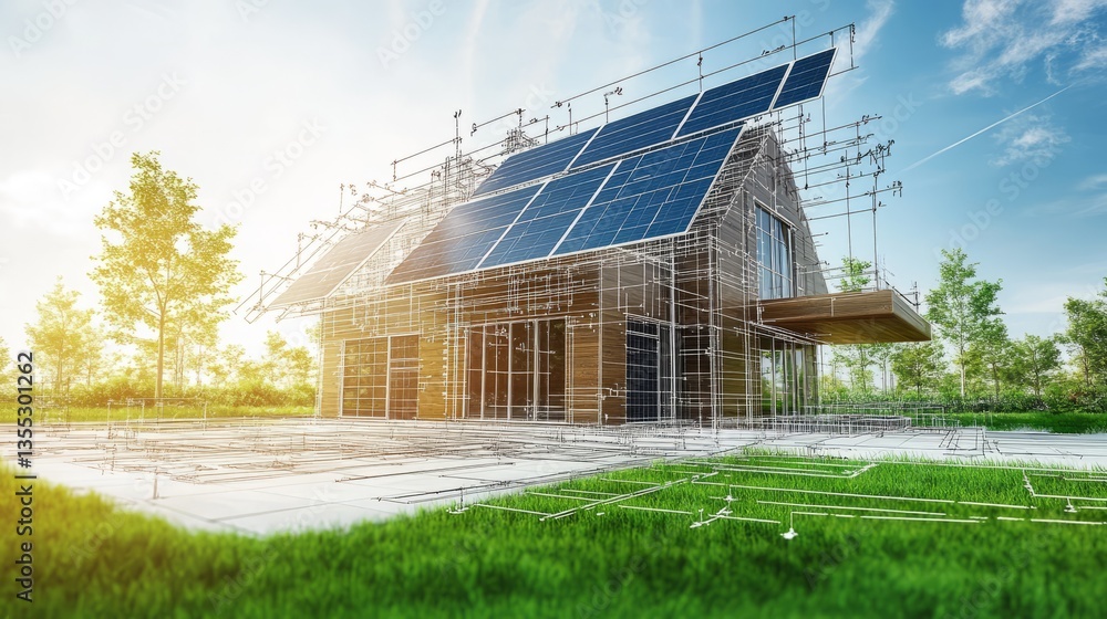 Modern Eco-Friendly House Design with Solar Panels and Blueprints Modern Eco-Friendly House Design with Solar Panels and Blueprints