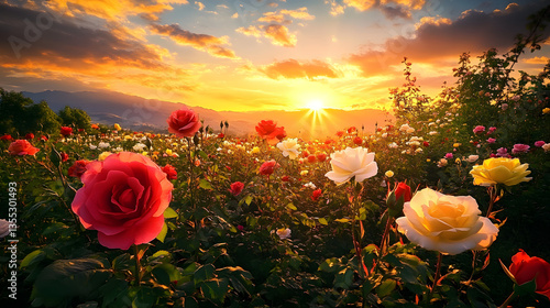 Fototapeta Naklejka Na Ścianę i Meble -  A breathtaking view of a rose field with vibrant red, white, yellow, and pink roses, offering a natural tapestry of colors under the sun.