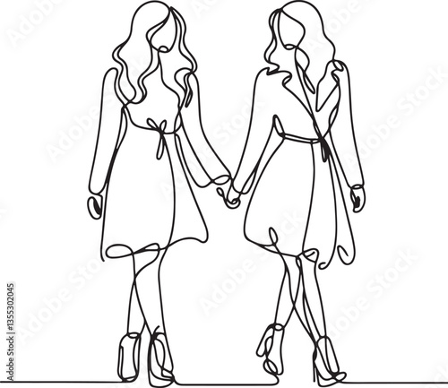 Two Women Walking Together. Line Art Vector Illustration