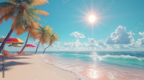 Bright Tropical Beach with Palm Trees and Colorful Umbrellas