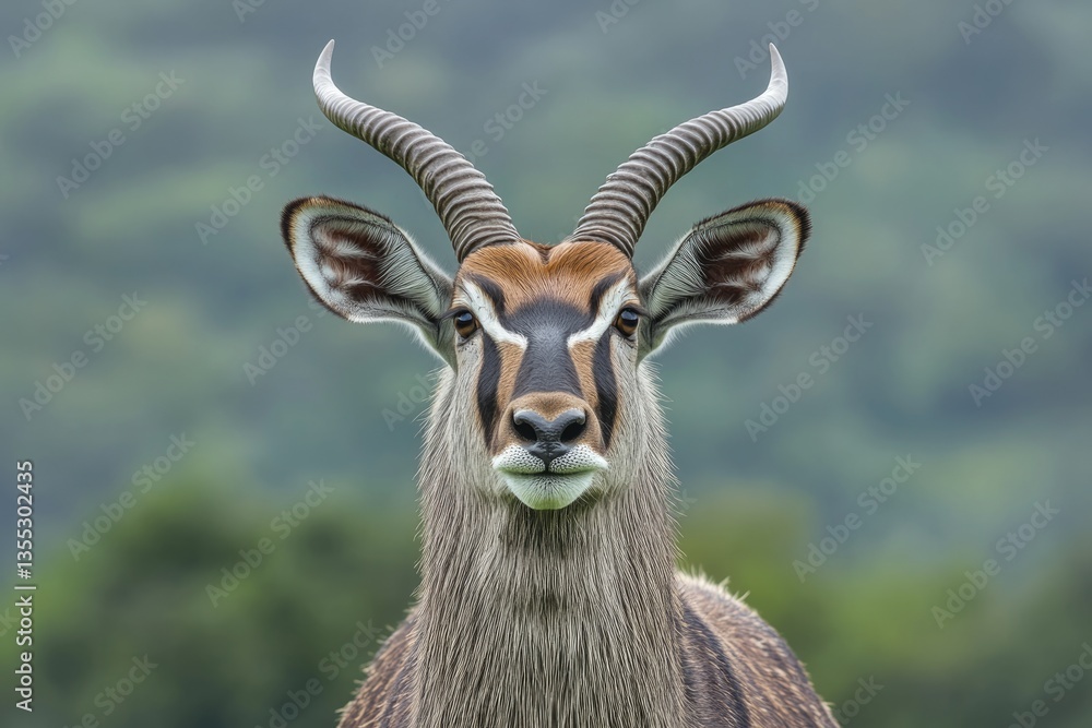 Majestic Portrait of a Mature Waterbuck Bull Amidst Lush Green African Wilderness Under a Cloudy Sky Majestic Portrait of a Mature Waterbuck Bull Amidst Lush Green African Wilderness Under a Cloudy Sky