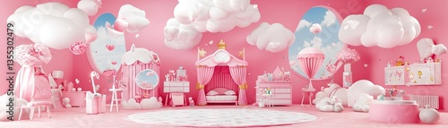 Pink fairytale bedroom; clouds, balloons; dreamy background; kids' room decor