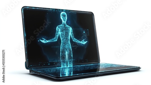 A Sleek, Ultra-Thin Foldable Laptop with a Flexible OLED Touchscreen, Advanced Biometric Security Scanner, and an AI-Integrated Digital Assistant Projected as a Holographic Figure