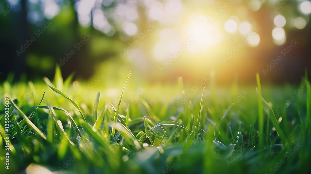 Naklejka premium Vivid closeup of fresh green grass illuminated by sunlight creating a serene outdoor atmosphere : Generative AI