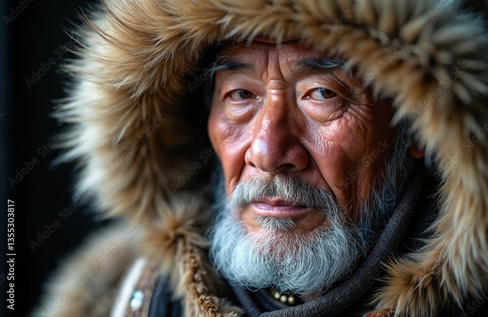 Portrait of eskimo man in fur hood. Inuit indigenous person face, skin, eyes close-up. Mature male with white beard, looks at camera. Native people culture in cold climate. Portrait of eskimo man in fur hood. Inuit indigenous person face, skin, eyes close-up. Mature male with white beard, looks at camera. Native people culture in cold climate.