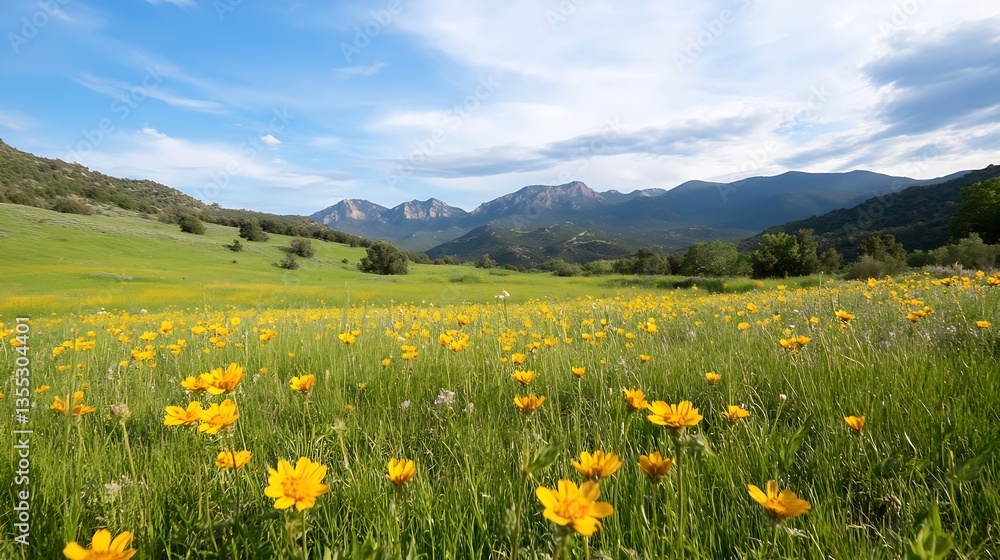 Vibrant expansive field filled with bright yellow flowers under a stunning blue sky : Generative AI Vibrant expansive field filled with bright yellow flowers under a stunning blue sky : Generative AI