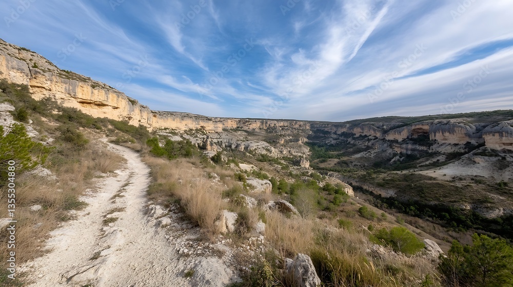 Naklejka premium Majestic Mountain Trail Winding Through a Lush Valley Under Blue Sky : Generative AI