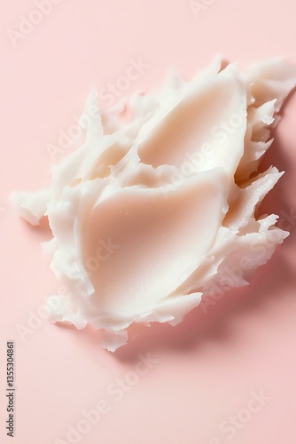 Delicate white cream swirl floating on soft pink background with gentle shadows creating ethereal minimalist composition for beauty and skincare advertising.