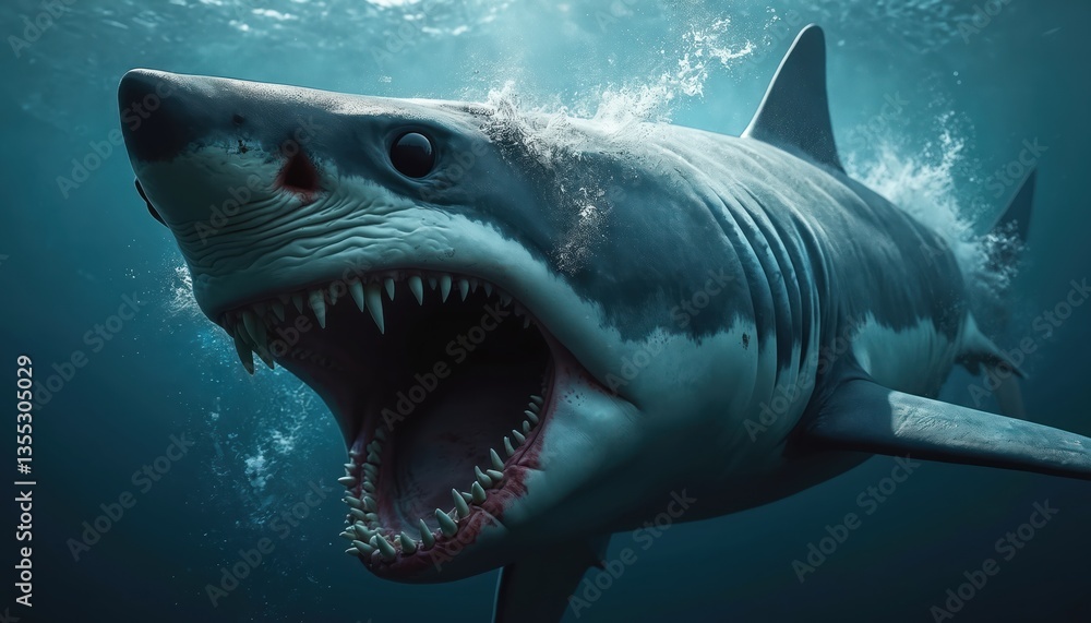 Naklejka premium Big aggressive shark with sharp teeth, open jaws swims underwater. Dangerous predator in deep blue ocean water. Marine wildlife, underwater environment, sea animal. Digital 3D illustration. Ocean