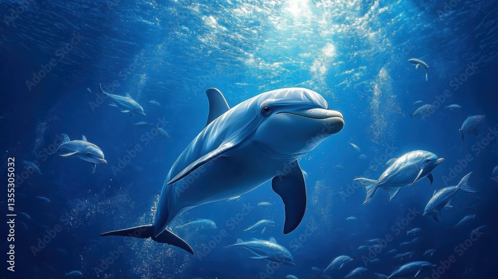 Obraz premium Dolphins swimming in the deep blue ocean, surrounded by schools of silver fish