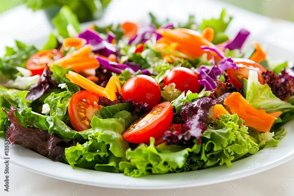Fresh Colorful Vegetable Salad Healthy Diet Food Photography Green Lettuce Red Tomatoes Orange Carrots Purple Cabbage Delicious Nutritious Meal       