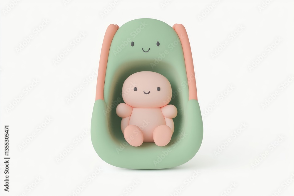 Fototapeta premium Cute cartoon baby in a pastel-colored bunny-shaped chair