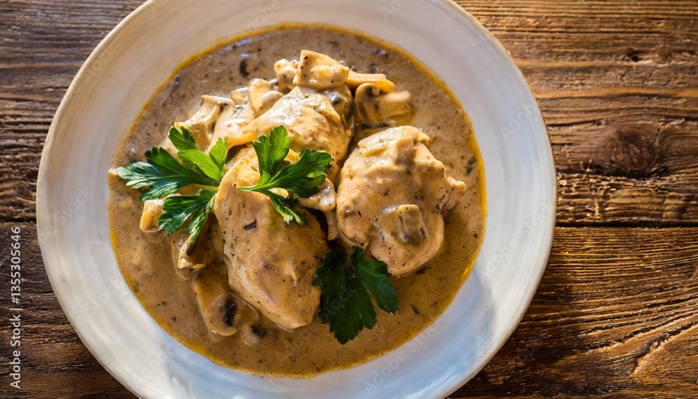 Creamy Chicken Marsala with Mushroom Sauce Shot Overhead in White Dish Against Warm Italian Evening Glow Creamy Chicken Marsala with Mushroom Sauce Shot Overhead in White Dish Against Warm Italian Evening Glow