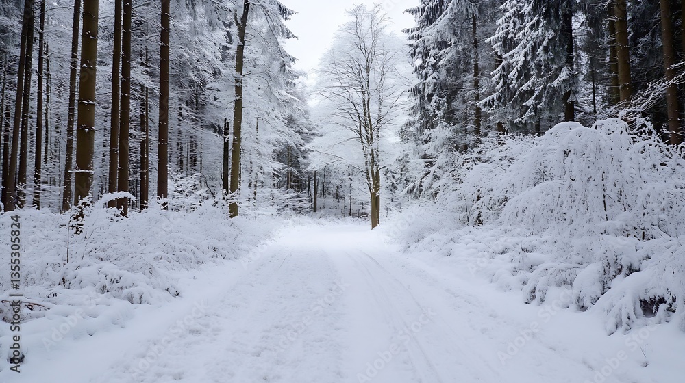 Tranquil Winter Scene with Snow Covered Pathway Surrounded by Trees in a Serene Forest : Generative AI Tranquil Winter Scene with Snow Covered Pathway Surrounded by Trees in a Serene Forest : Generative AI