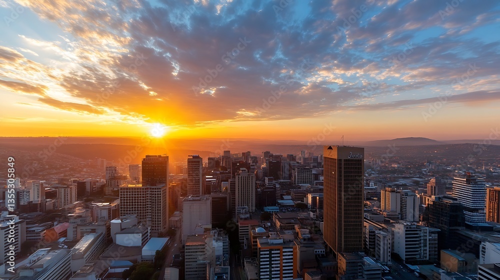 Fototapeta premium Breathtaking sunset view over a vibrant city skyline with illuminated buildings : Generative AI