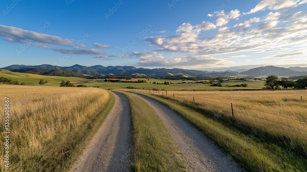 Fototapeta premium Picturesque rural landscape featuring a winding dirt road surrounded by vast fields and majestic mountains : Generative AI