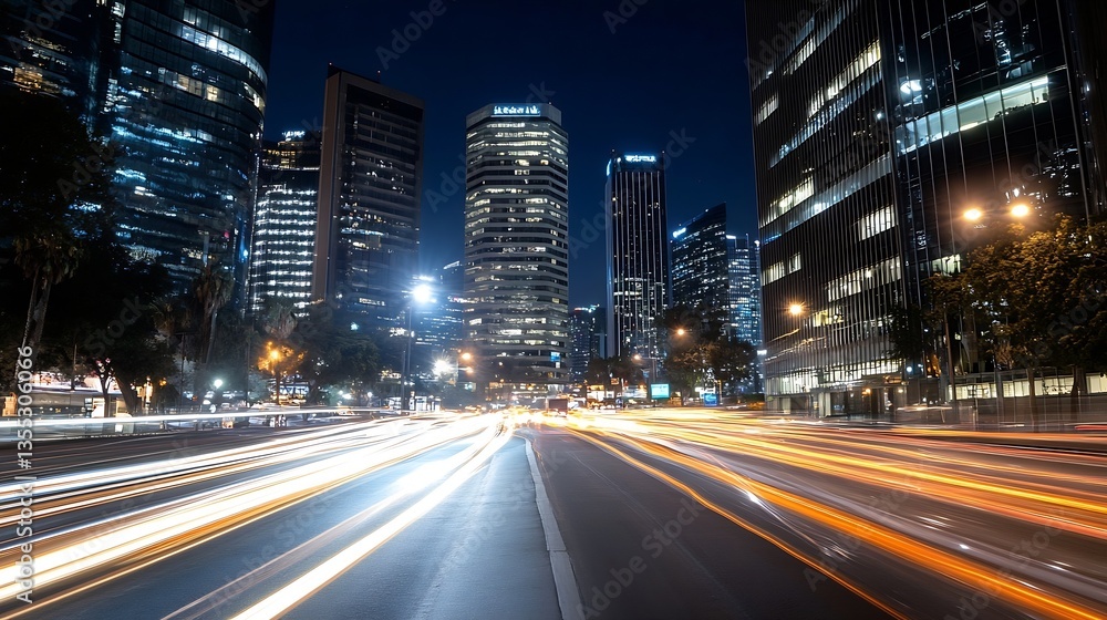 Vibrant cityscape at night with illuminated skyscrapers and light trails from moving vehicles : Generative AI Vibrant cityscape at night with illuminated skyscrapers and light trails from moving vehicles : Generative AI