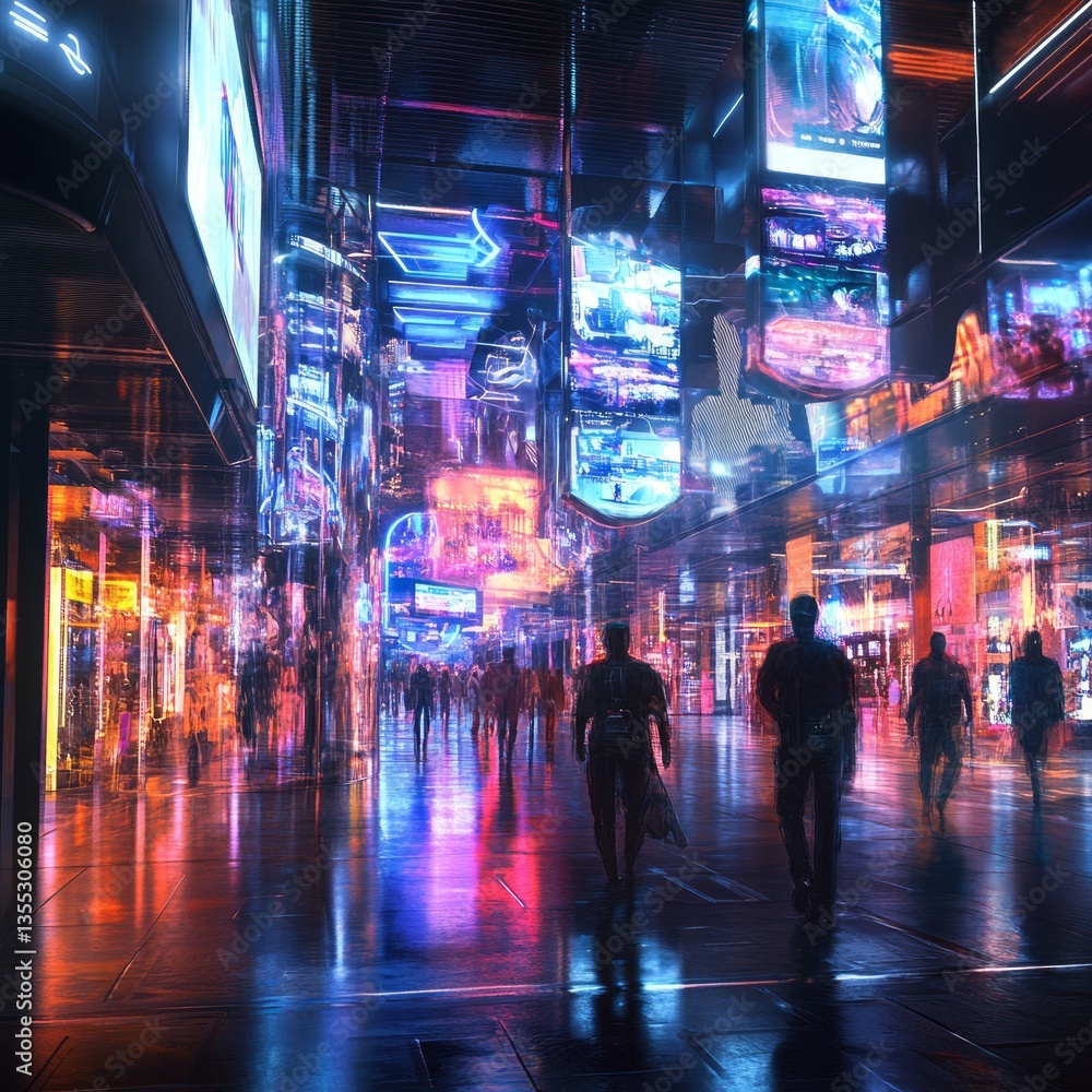 custom made wallpaper toronto digitalartistic depiction of a futuristic shopping experience with holographic displays, glowing signs, and dynamic modern design, vibrant atmosphere