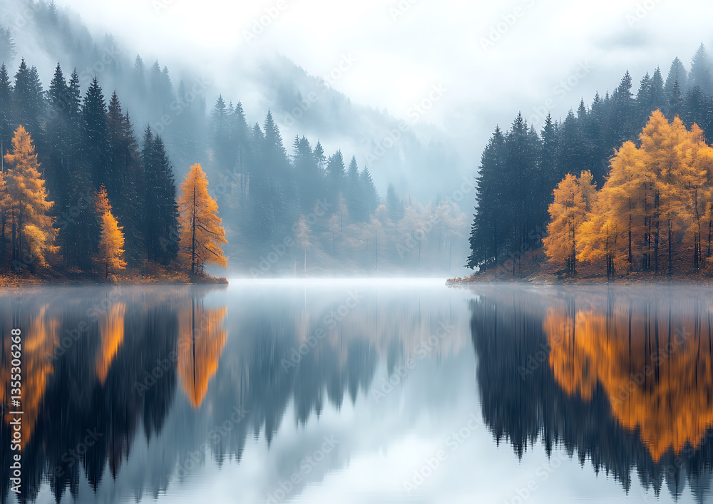 Fototapeta premium Misty Lake with Autumn Trees Reflection.