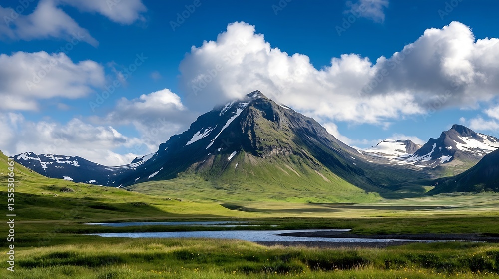 Fototapeta premium Majestic mountain landscape showcasing towering peaks under a dramatic sky filled with fluffy clouds : Generative AI