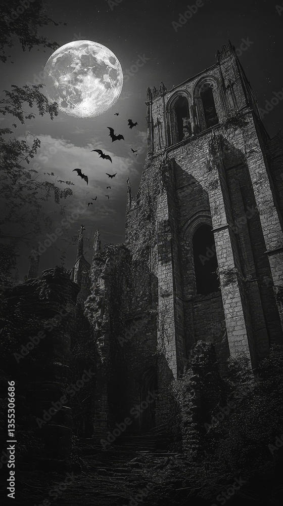 Obraz premium Ruined church bathed in moonlight bats fly