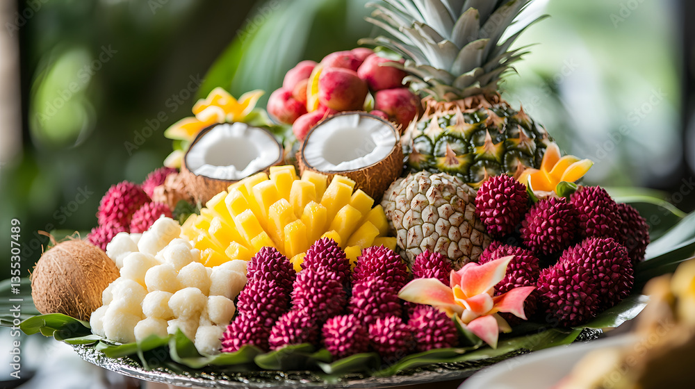 A luxurious and exotic fruit platter featuring fresh tropical fruits like pineapple, coconut, and lychees, arranged beautifully for an opulent dining experience. A luxurious and exotic fruit platter featuring fresh tropical fruits like pineapple, coconut, and lychees, arranged beautifully for an opulent dining experience.