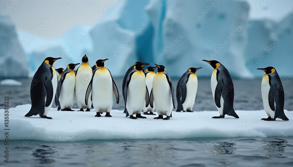 Obraz premium Group penguins stand on ice floe against backdrop icebergs. Antarctic landscape, cold winter season. Birds, icebergs, blue water, sea, ocean, snow, cold, wildlife, animals, environment.
