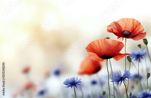 Red poppies and blue cornflowers blooming in soft morning light against blurred natural background, creating dreamy floral composition for garden themes.