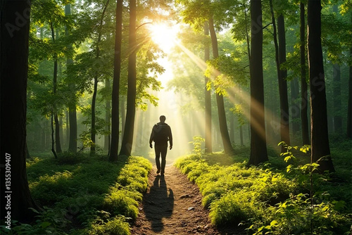 A solitary figure finds peace and hope walking a sun-drenched path through a mystical forest bathed in golden light.