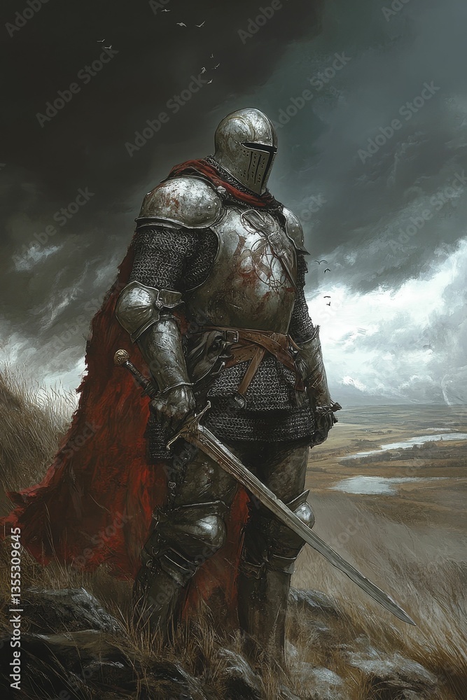 Naklejka premium Knight stands guard against the stormy horizon.