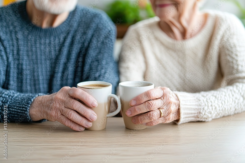 Warm moment shared between elderly couple, hands holding cups, c Warm moment shared between elderly couple, hands holding cups, c
