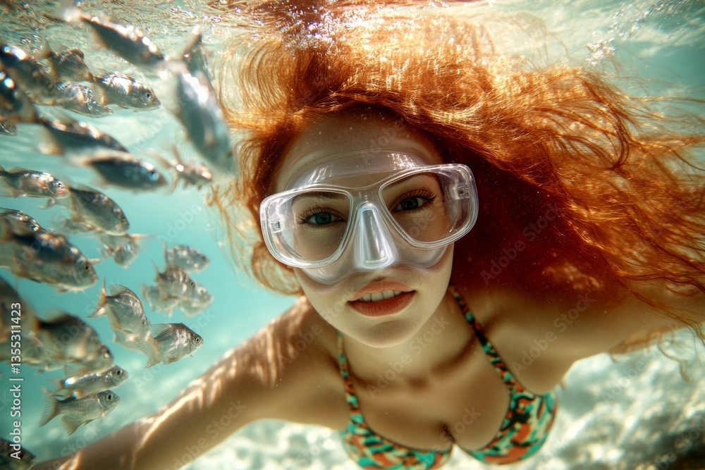 Fototapeta premium Happy traveler swimming in sea. A stunning and sexy happy middle eastern young woman with red hair in a swimming mask and fins snorkeling among the corals. Bright commercial style image.