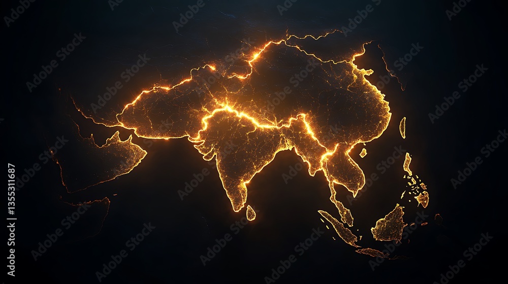Illuminated fiery outline of Asia glowing brightly against dark background emphasizing continent's geographical boundaries Illuminated fiery outline of Asia glowing brightly against dark background emphasizing continent's geographical boundaries